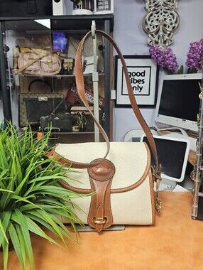 Dooney & Brouke Classic Cream and Brown Leather Trim Shoulder Bag - Branded